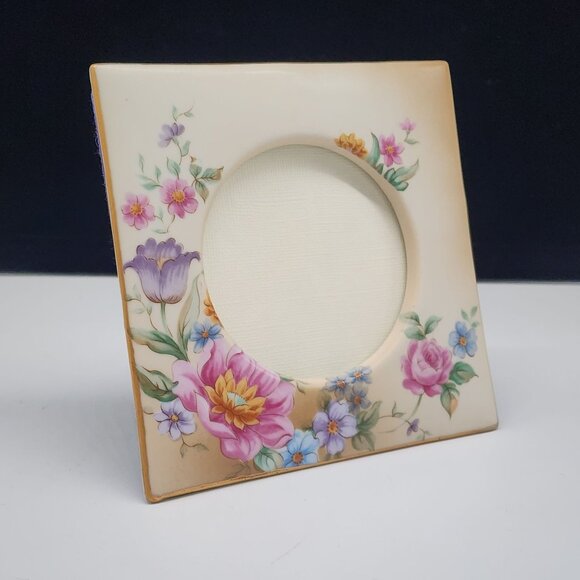 Vintage Floral Ceramic Picture Frame With Transferware Flowers Roses - Picture 1 of 12